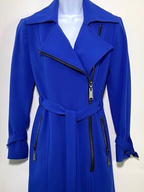 Cobalt Blue Belted Trench Coat with Asymmetric Zip by Insight